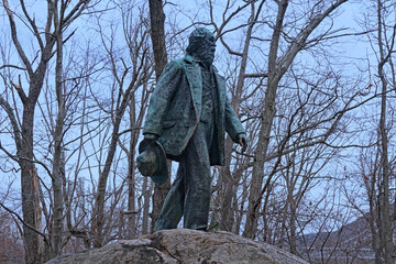  Lifelike bronze statue of great American poet Walt Whitman atop a boulder on the Appalachian Trail...