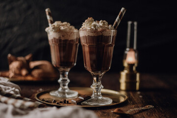 Warm chocolate and coffee beverage / drink - dark and moody vintage food photography