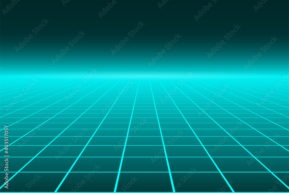 Poster Vector perspective grid. Abstract retro background in 80s style.