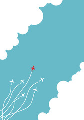 Red plane leading fly white airplanes with cloud all around. leadership, creative idea, concept.