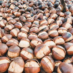 Street food market. Roasting brown chestnuts. Tasteful roasted chestnuts for sale - Rome, Italy