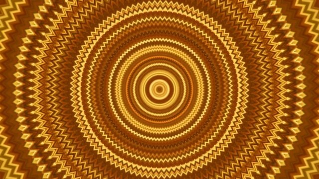 VJ fractal kaleidoscopic background. Golden motion with round design as background. Disco dinamic mandala spectrum lights concert spot bulb. 4k