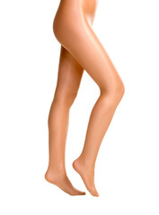 female legs in shiny pantyhose isolated on white background