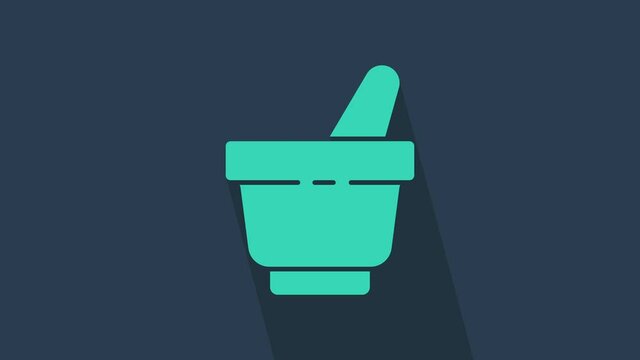 Turquoise Mortar and pestle icon isolated on blue background. 4K Video motion graphic animation.