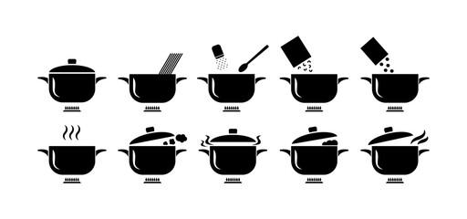 Cooking process in a saucepan on gas. Simple silhouettes with steam, adding food, salt, boil pasta. Vector illustration isolated on white background.