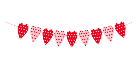Heart garland isolated on white background. Polka dot hearts. Bunting for Valentine day party, wedding, romantic date. Decoration for banners, greeting cards and invitations. Vector flat illustration.