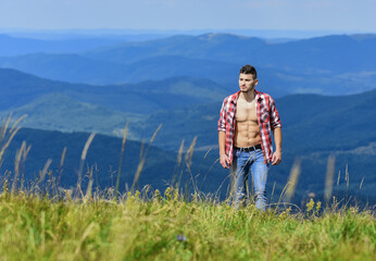 calm walk. travelling adventure. hipster fashion. cowboy in hat outdoor. man on mountain landscape....