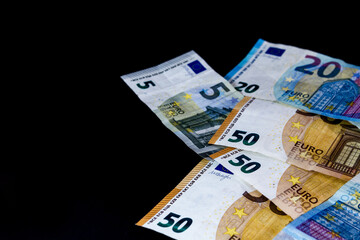 Money Euro value banknotes, European Union payment system, isolated on black