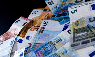 Money Euro value banknotes, European Union payment system, isolated on black