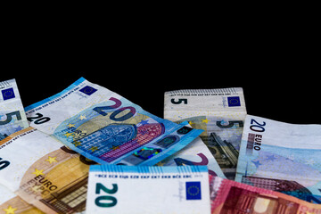 Money Euro value banknotes, European Union payment system, isolated on black