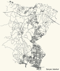 Black simple detailed street roads map on vintage beige background of the neighbourhood district Sarıyer of Istanbul, Turkey