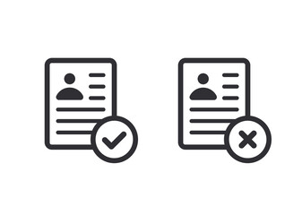 Fototapeta premium Profile icon. Id card. Personal document. Reject file. Accept document. Approved, document icon. Profile approved. Questionnaire sign. Identification card. Symbols YES and NO. Passport icon. 