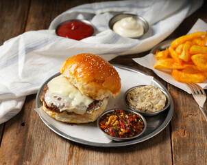 burger with white cheese and ketchup and mayonnaise and french fries mazes on a metal plate on wooden background

