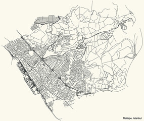 Black simple detailed street roads map on vintage beige background of the neighbourhood district Maltepe of Istanbul, Turkey
