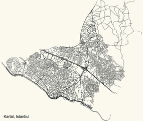Black simple detailed street roads map on vintage beige background of the neighbourhood district Kartal of Istanbul, Turkey