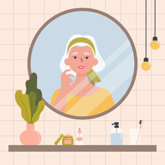 Beauty routine. Face and body skin care concept. Senior woman looking at herself in the mirror. An old woman with various cosmetics and accessories in a bathroom. Hand drawn trendy illustration. 
