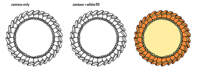 Obraz premium Set of hand drawn cute round frames with textile ruffles, lace and ribbon. Colored isolated decorative copy space vector illustration 