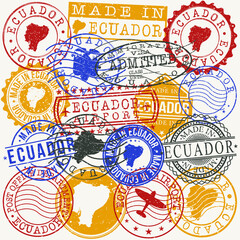Ecuador Set of Stamps. Travel Passport Stamps. Made In Product. Design Seals in Old Style Insignia. Icon Clip Art Vector Collection.