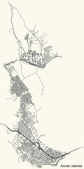 Black simple detailed street roads map on vintage beige background of the neighbourhood district Avcılar of Istanbul, Turkey