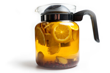 tea with lemon, ginger and pomegranate beans on white background