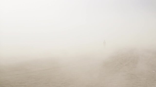 Drone Of Woman Walking In Dusty Desert Landscape