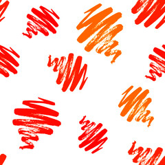 Painted brush ink grunge spiral stains stripes seamless pattern. Hand drawn design elements. Brush strokes vector. Colorful objects red orange yellow on white background