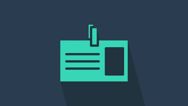Turquoise Identification badge icon isolated on blue background. It can be used for presentation, identity of the company, advertising. 4K Video motion graphic animation.