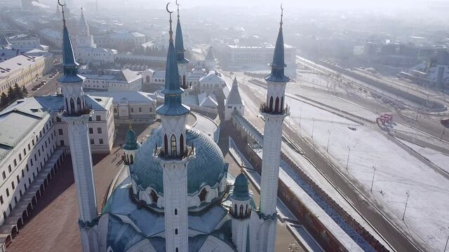 Kul Sharif Mosque, Kazan. Muslim architectural heritage, Aerial panoramic view of russian city Kazan. View from the Drone, Flying over the Point of interest
