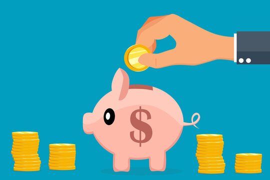 Man hand putting a coin in a piggy bank isolated on blue background. Economy and business concept. Copy space for design or text. Flat style vector illustration