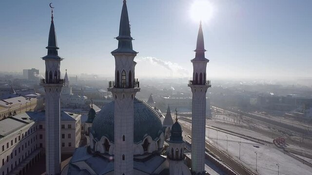 Kul Sharif Mosque, Kazan. Muslim architectural heritage, Aerial panoramic view of russian city Kazan. View from the Drone, Flying over the Point of interest