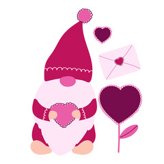 Happy Valentines Day Gnome with heart and enwelope. Vector clip art