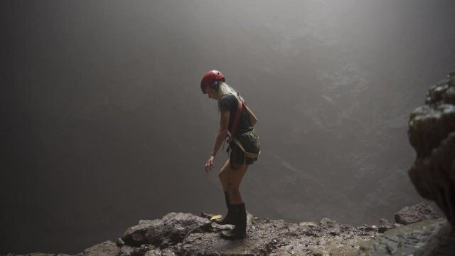 Caving Girl In Sunrays In Sun Rays In Goa Jomblang