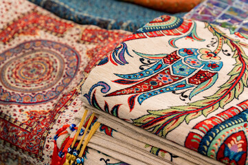 Close up of traditional Turkey rugs oriental craft and decor of interior.