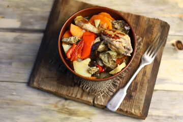 Stew of vegetables and chicken. Hotpot. Delicious homemade food.