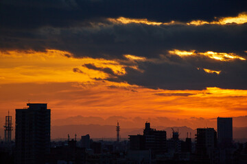 Naklejka na ściany i meble 名古屋市上空の綺麗な夕焼けの風景