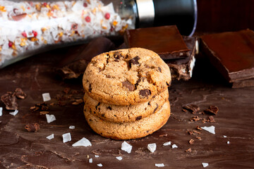 Organic food snack tasty sweet dessert milk dark chocolate chip salt cookie closeup piece fruit orange raspberry hazelnut nuts cinnamon on cocoa cacao powder wooden table for new year Christmas gift