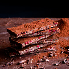 Organic food snack tasty sweet dessert milk dark chocolate bar macro closeup broken slide piece and fruit orange raspberry hazelnut nuts on cocoa cacao powder wooden table for new year Christmas gift
