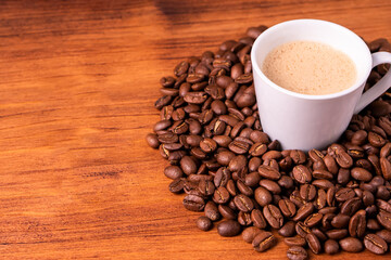 Homemade cafe fresh hot espresso in steam white mug cup brew from organic sustainable coffee shop drink roasted brown bean with recycle disposable paper package with refresh aroma