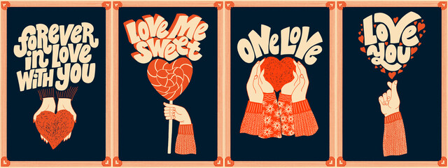 Vector card set for valentines day. Romantic collection for social media, print, t-shirt, card, poster, gift, landing page, web design elements. Hand-drawn lettering typography. Doodle illustration.