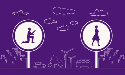 Silhouette of man in prayer pose. Man asking woman to marry or forgive him. Road signs with human icons. Thin line style scene