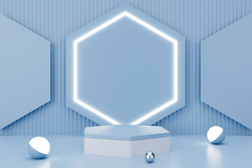 3d render light blue hexagon podium.