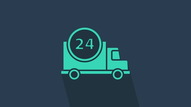 Turquoise Fast round the clock delivery by car icon isolated on blue background. 4K Video motion graphic animation.