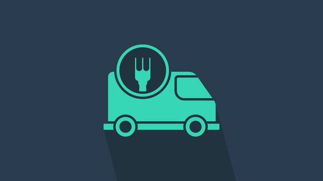 Turquoise Fast round the clock delivery by car icon isolated on blue background. 4K Video motion graphic animation.