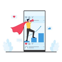 Man stand above chart hold megaphone metaphor of mobile marketing.
