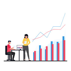 Man and woman analyze the chart and graphic bar metaphor of on the office activities.