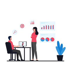 Man and woman discuss about target and infographic metaphor of on the office activities.