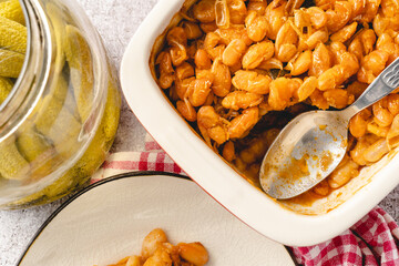 Baked beans organic homemade vegetarian and vegan dish traditional food on the table in ceramic bowl - Serbian Montenegrin bosnian macedonian croatian slovenian and Bulgarian cuisine top view