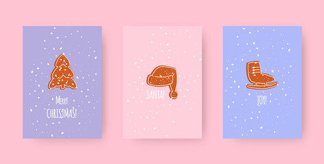 Christmas cards collection with gingerbread cookie. Template New Year postcards with congratulations. Snowy invitation, greeting decorated with icon pastry as symbol Xmas holidays. Vector illustration