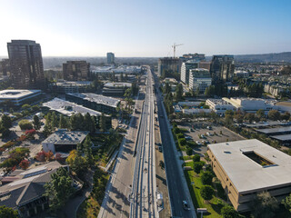 Aerial view of Mid-Coast Trolley bridge in University of California, San Diego, California, USA.