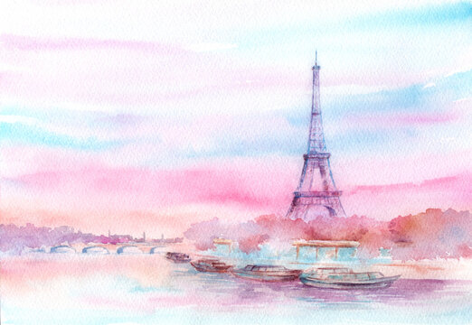 エッフェル塔の風景　水彩画
